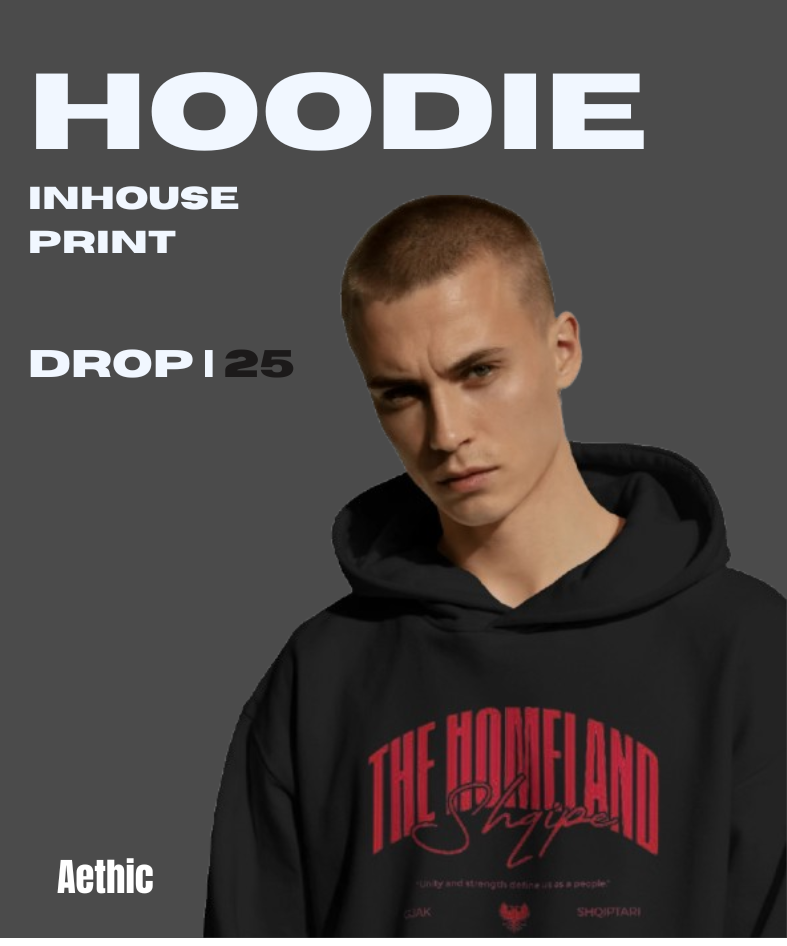 Aethic Inhouse Print Hoodie Drop 25 – Black oversized hoodie with bold graphic front print, relaxed streetwear design for modern casual wear