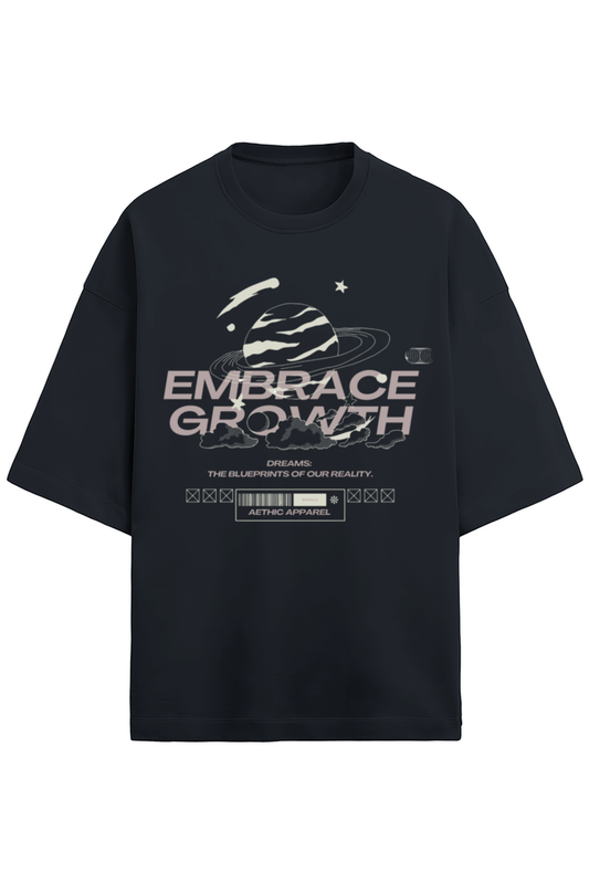 navy blue t-shirt with 'Embrace Growth' graphic design on a white background