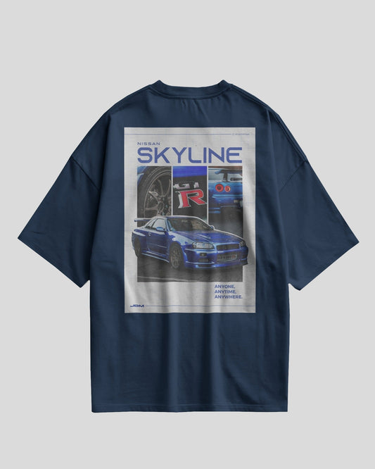 Navy blue t-shirt with a graphic of a car and 'SKYLINE' text on a gray background