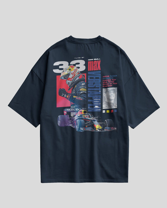 Black t-shirt with Formula 1 car graphic and '33 Max Verstappen' text on a gray background