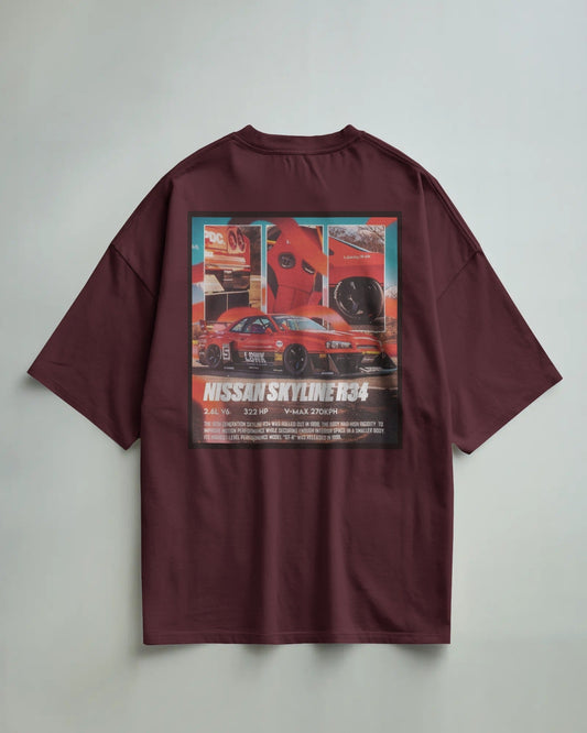 Colour_Maroon -shirt with Nissan Skyline R34 graphic on a gray background