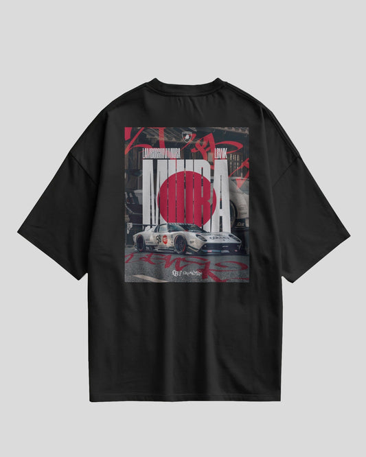 Black t-shirt with graphic design on a gray background