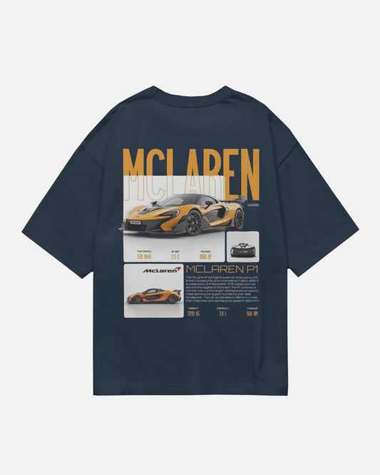 Colour_NavyBlue t-shirt with McLaren car graphics on a white background