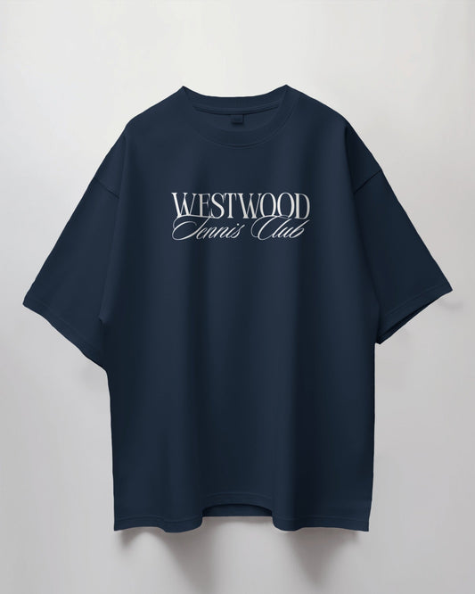 Navy blue t-shirt with 'Westwood Tennis Club' text on a light gray background
