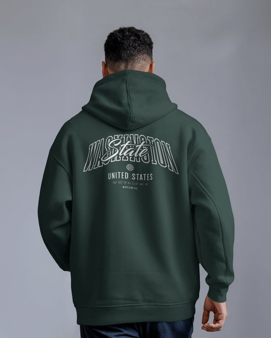 Washington State graphic print hoodie in dark green by Aethic Apparels, made with premium cotton fleece and unisex relaxed fit